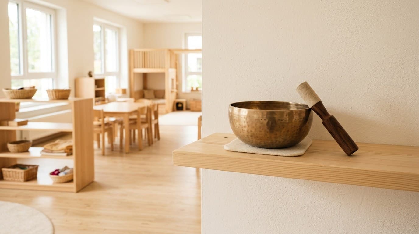 Eine Klangschale mit Holzschlägel steht auf einem hellen Holzregal, dahinter ein leerer, sonnendurchfluteter Gruppenraum einer Kita mit Tischen, Stühlen und Materialkörben.