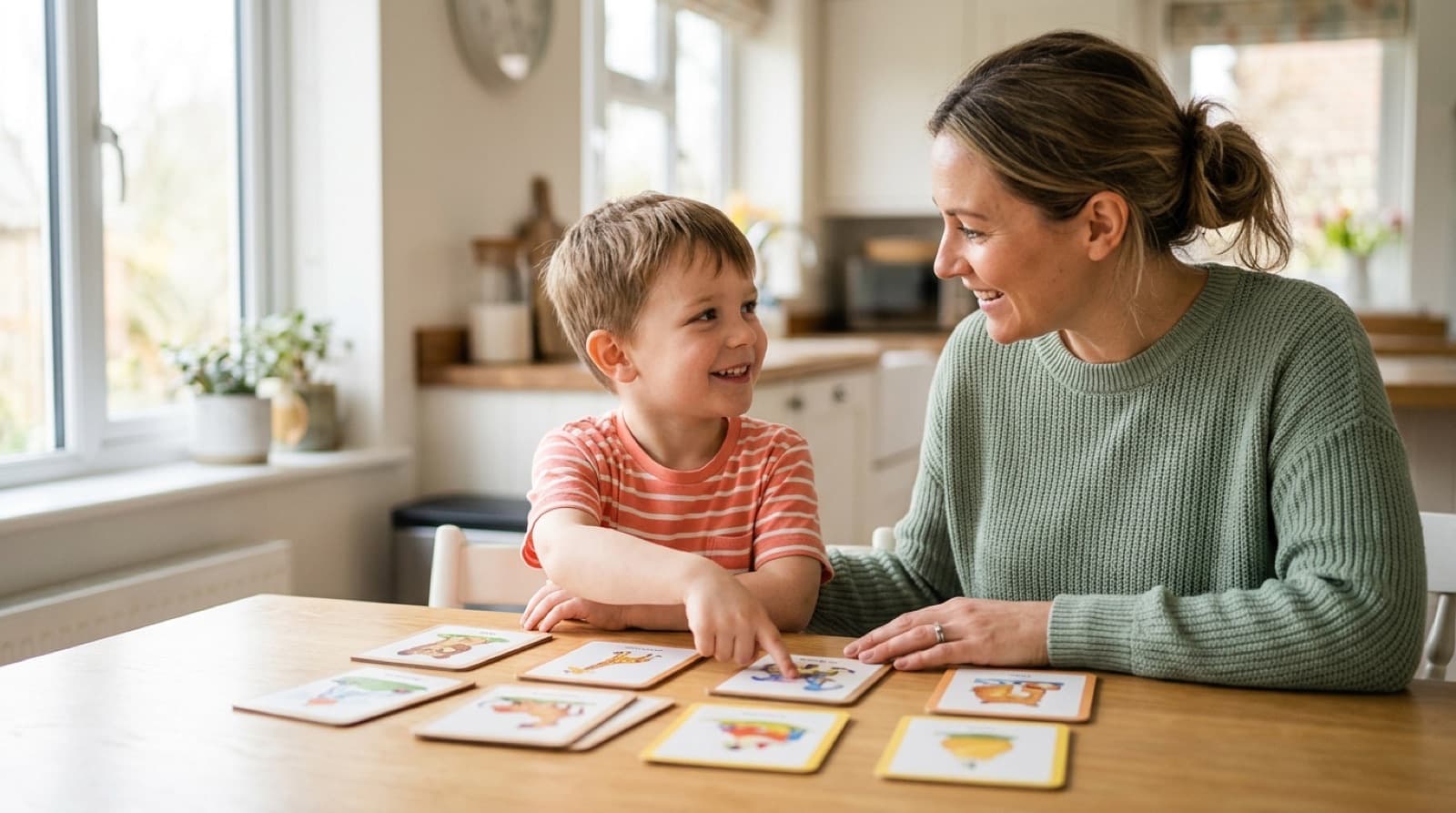 Eine Mutter und ihr Sohn schauen am Küchentisch gemeinsam bunte Bildkarten an, der Junge zeigt lächelnd auf eine Karte