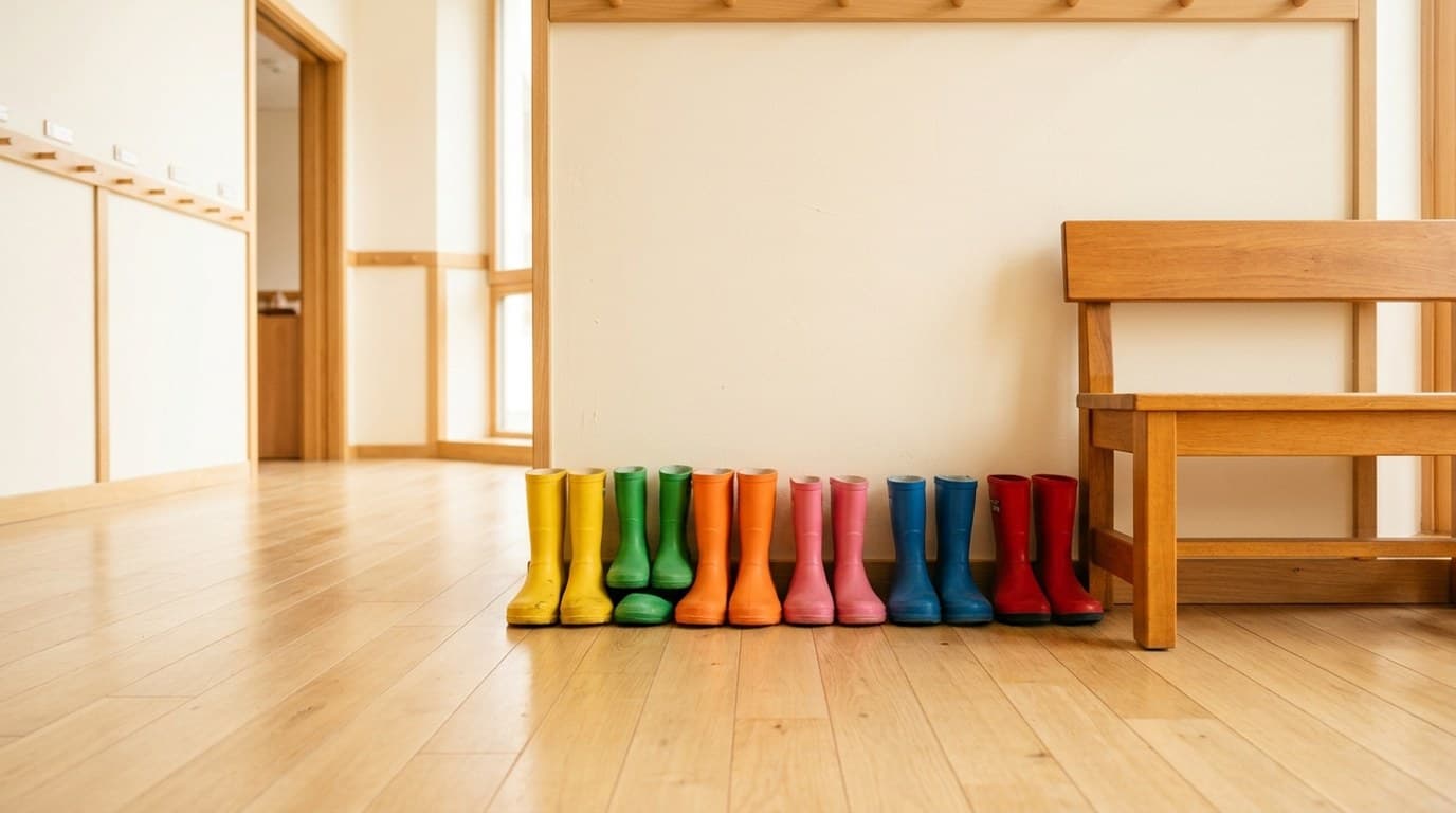 Eine Reihe bunter Gummistiefel steht nebeneinander an der Wand eines leeren, hellen Kita-Flurs, daneben eine schlichte Holzbank auf hellem Holzboden.