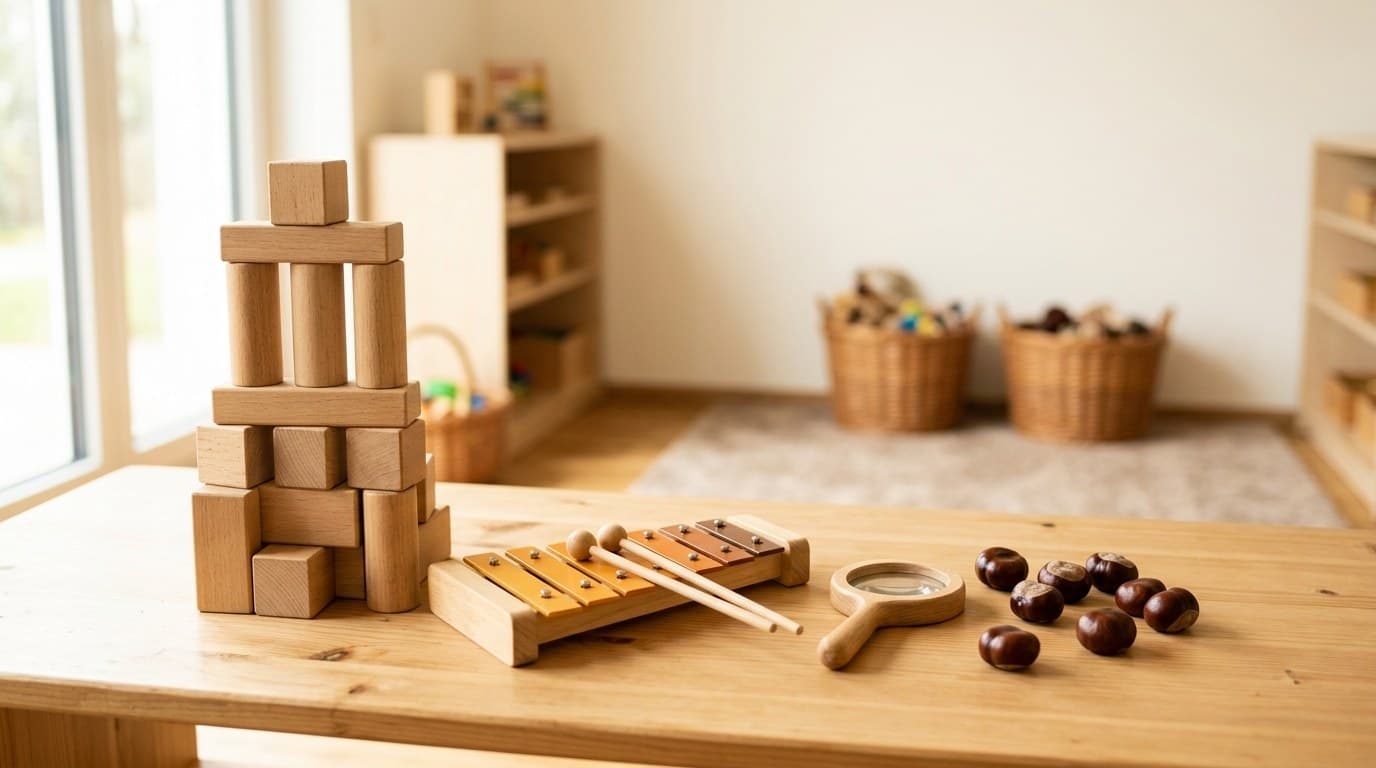 Auf einem hellen Holztisch stehen im seitlichen Tageslicht ein Turm aus Holzbauklötzen, ein kleines Xylophon mit zwei Schlägeln und eine Holzlupe neben einigen Kastanien, dahinter unscharf ein leerer Kita-Raum mit Regalen und Weidenkörben.