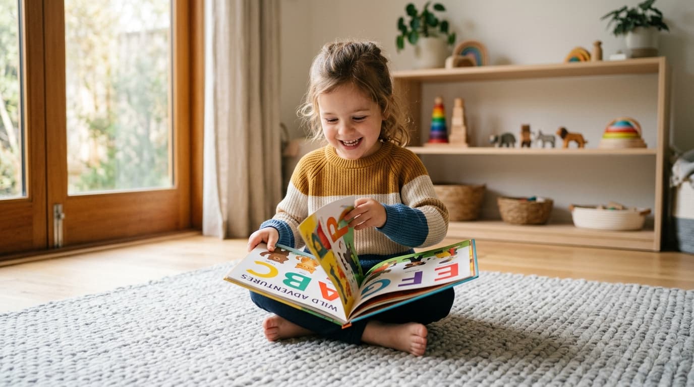 Ein fröhliches Kind im Kindergartenalter sitzt gemütlich auf einem Teppich und blättert neugierig in einem farbenfrohen Bilderbuch voller großer Buchstaben.