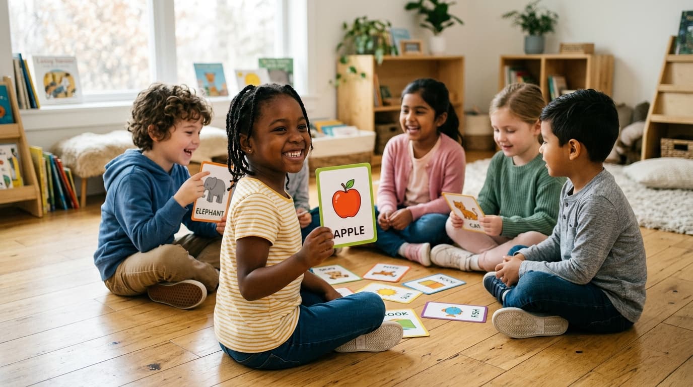 Kinder im Kreis sitzend und spielerisch Englisch lernend mit Bildkarten