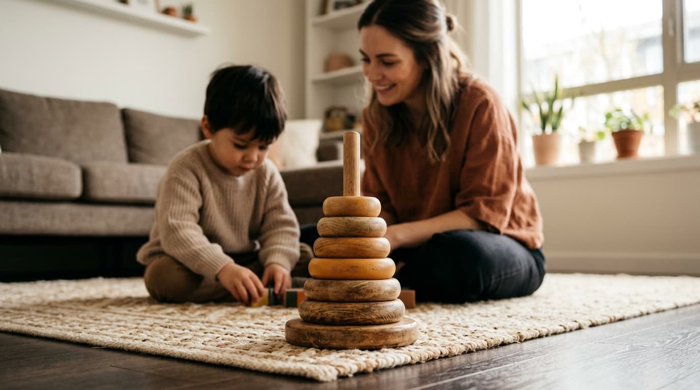 Eine empathische Szene mit einer Mutter, die ihr konzentriert spielendes Kind im Wohnzimmer liebevoll anlächelt, warme Atmosphäre, Fokus auf ein Holzspielzeug.