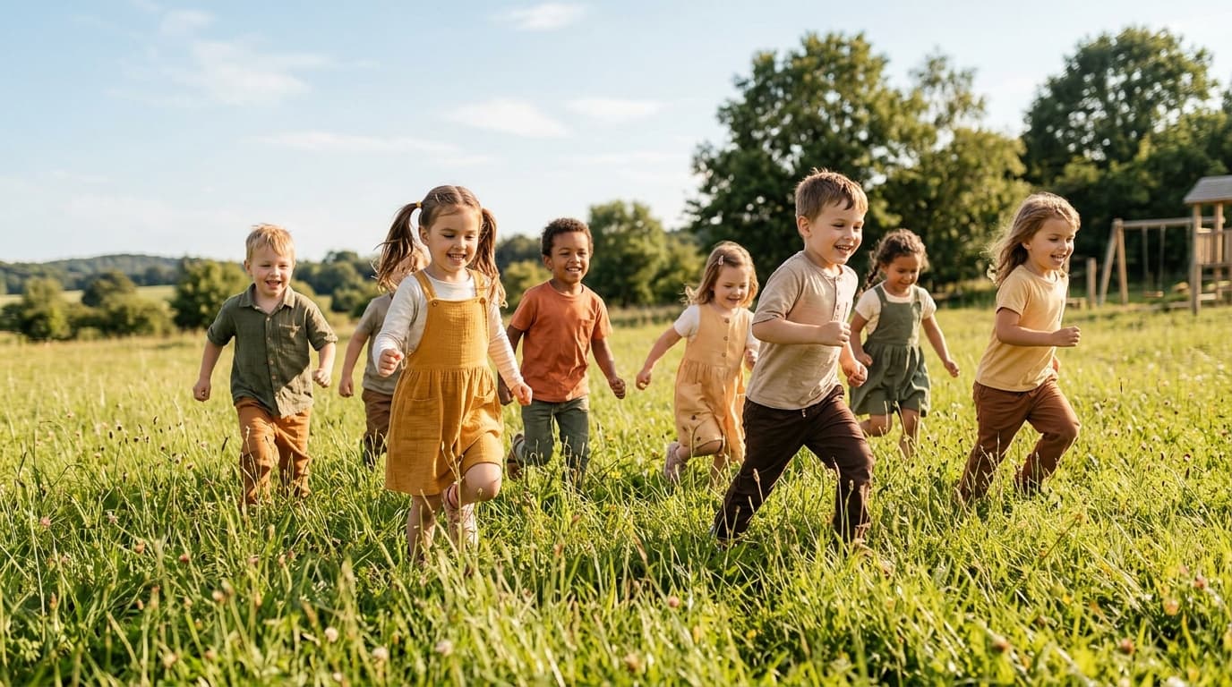 Kita-Kinder laufen fröhlich über eine sonnige Wiese, spielerische Bewegung fördert Ausdauer im Kindergartenalter