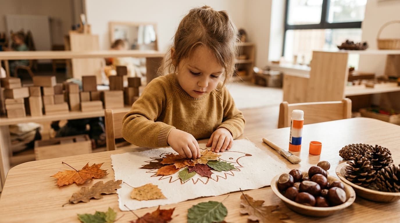 Ein Kita-Kind klebt bunte Herbstblätter zu einem Igel auf einem Blatt Naturpapier, daneben liegen Kastanien, Tannenzapfen und ein Klebestift