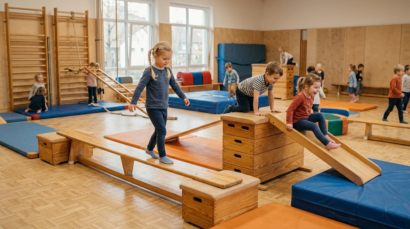 Kita-Kinder klettern, balancieren und rutschen in einer Turnhalle über Matten, Bänke und Kästen