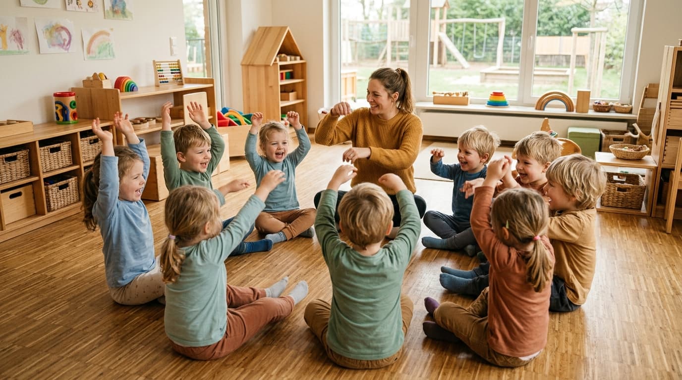 Kita-Kinder stehen im Kreis im Gruppenraum und schwingen lachend ihre Arme wie Elefantenrüssel