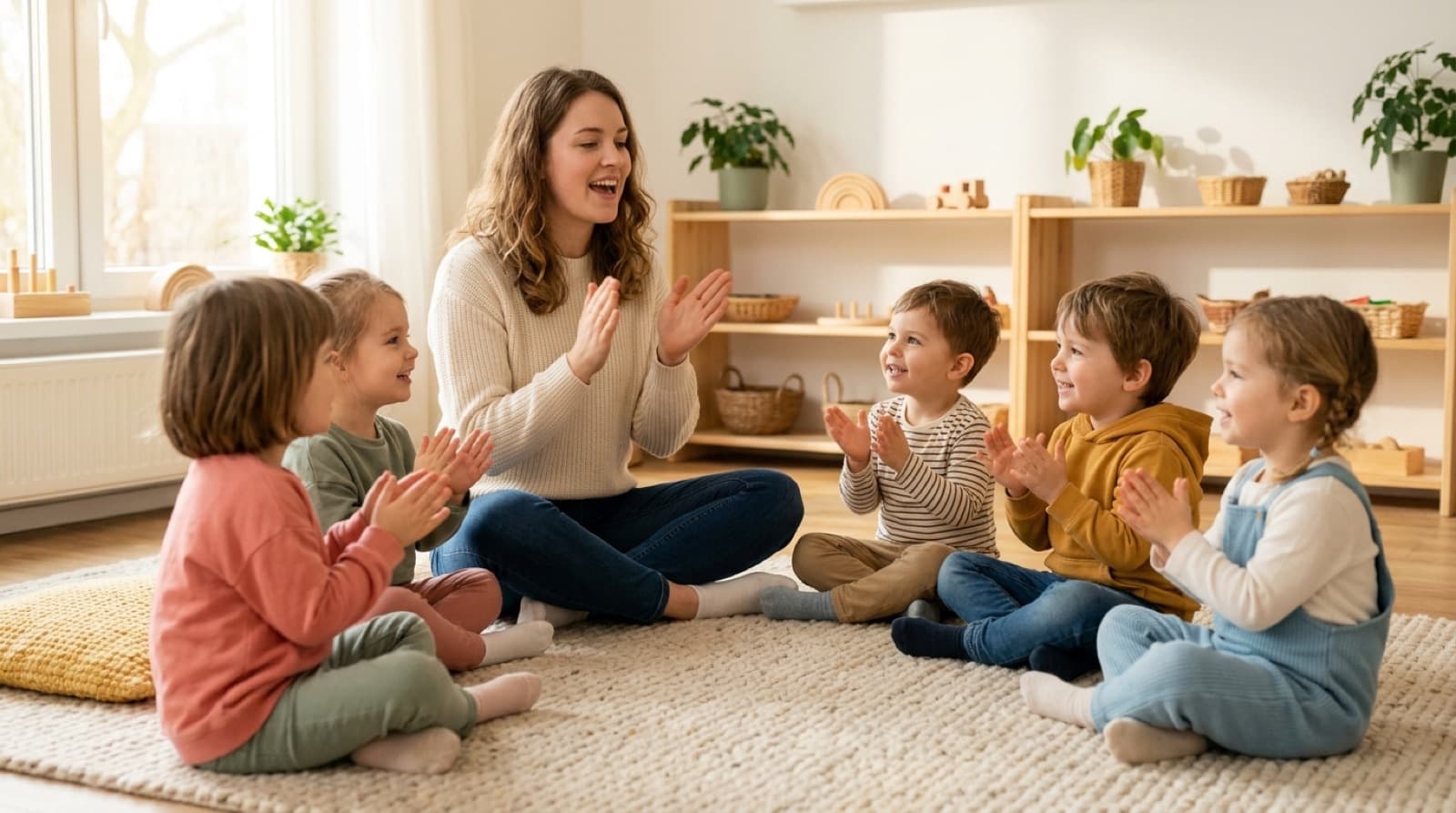 Eine Kursleiterin sitzt im Schneidersitz auf einem weichen Teppich in einer Kita und singt und klatscht gemeinsam mit fünf Kindern im Kreis, die Kinder klatschen lachend mit.
