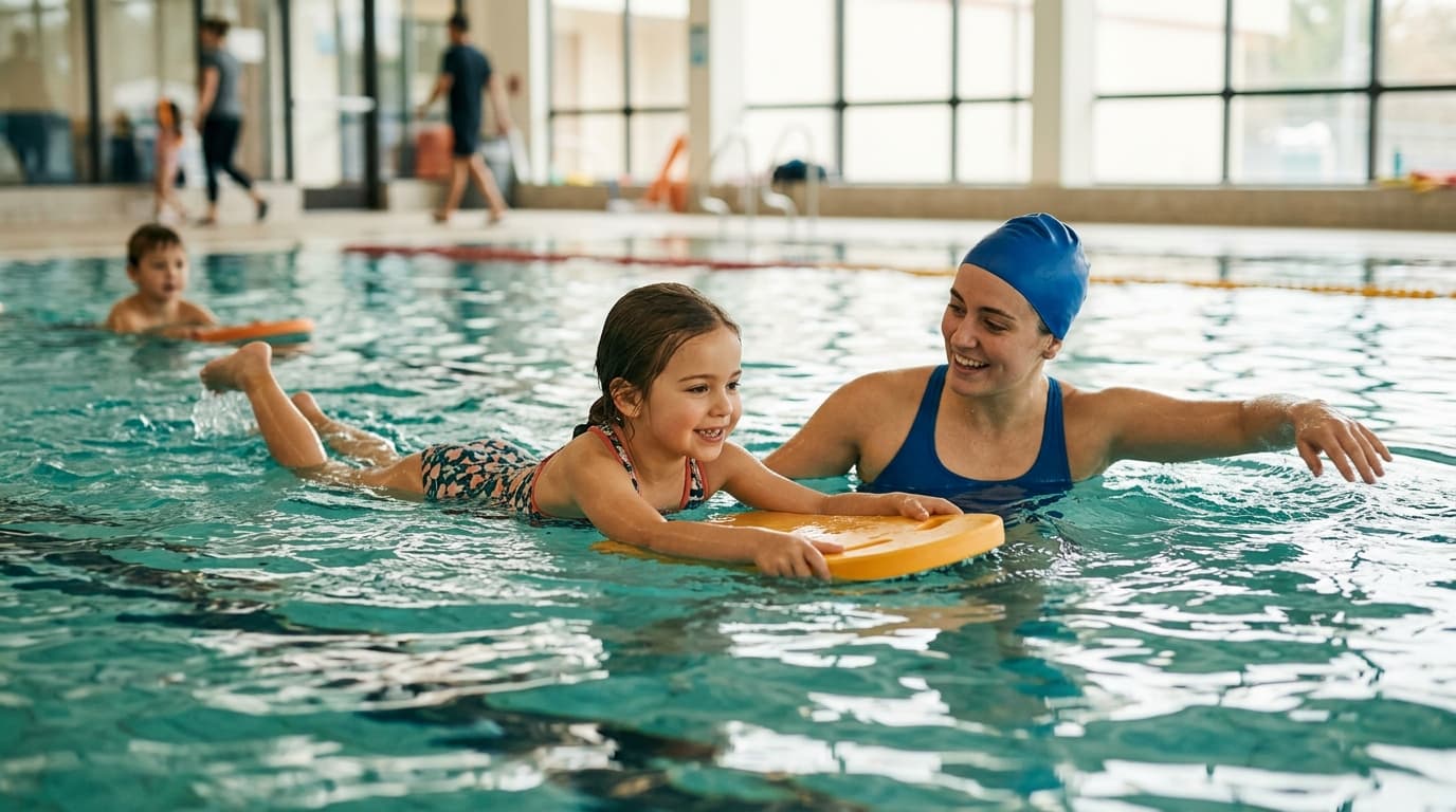 Kind übt in Bauchlage den Brustschwimm-Beinschlag mit Schwimmbrett, Kursleiterin schwimmt im Wasser daneben und gibt Korrekturhinweise