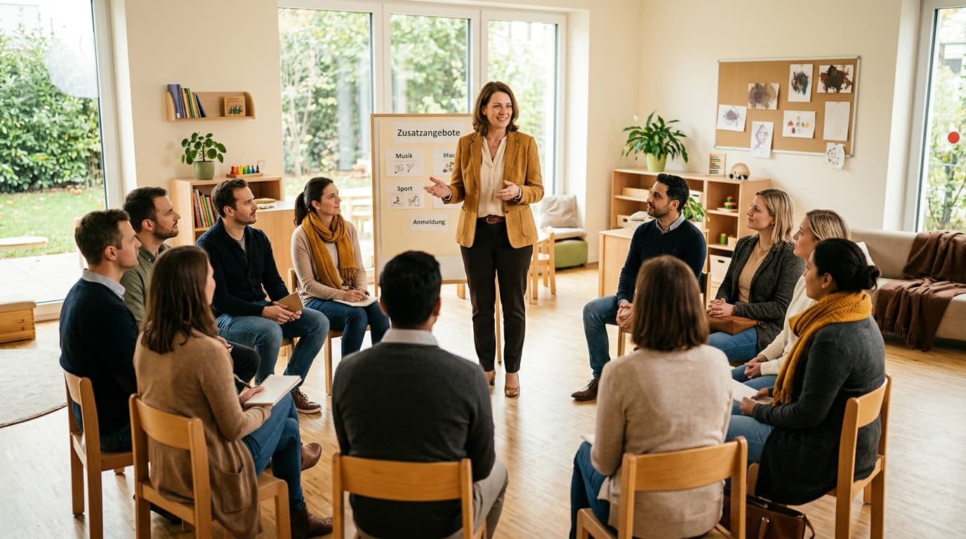 Kita-Leitung präsentiert im hellen Gruppenraum einer Kita ein Programm an Zusatzangeboten, mehrere Erwachsene sitzen auf Stühlen im Halbkreis und hören zu