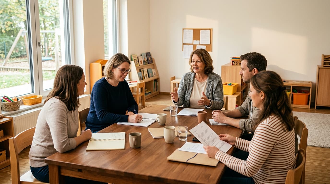 Elternbeirats-Sitzung in einem hellen Gruppenraum einer Kita: Mitglieder des Elternbeirats und eine Kita-Leitung sitzen entspannt-professionell an einem großen Tisch mit Notizen und Getränken