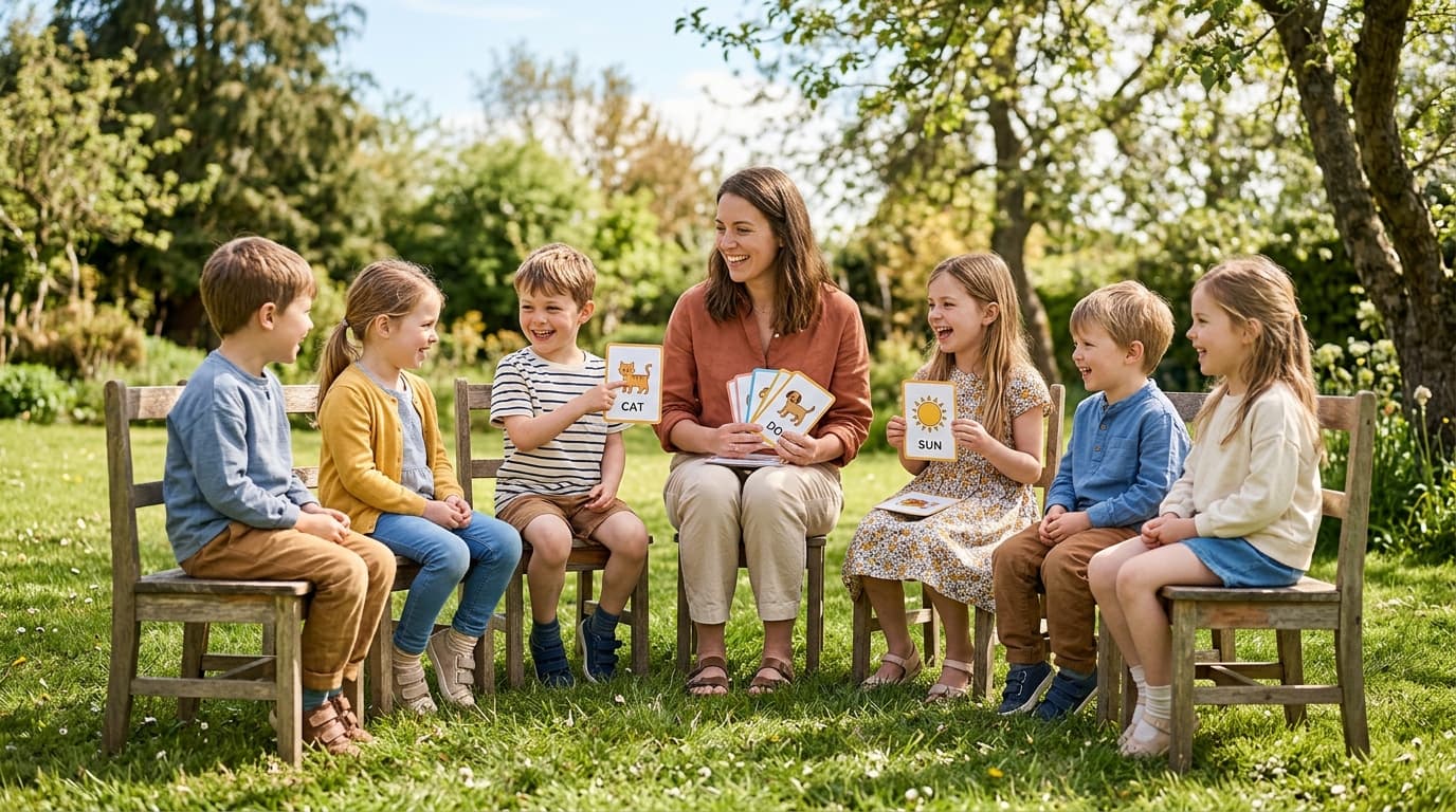 Glückliche Kinder im Alter von 4 bis 7 Jahren spielen in einem Stuhlkreis im Freien zusammen mit einer Betreuerin und lernen spielerisch Englisch, vollkommen ohne Bildschirme.