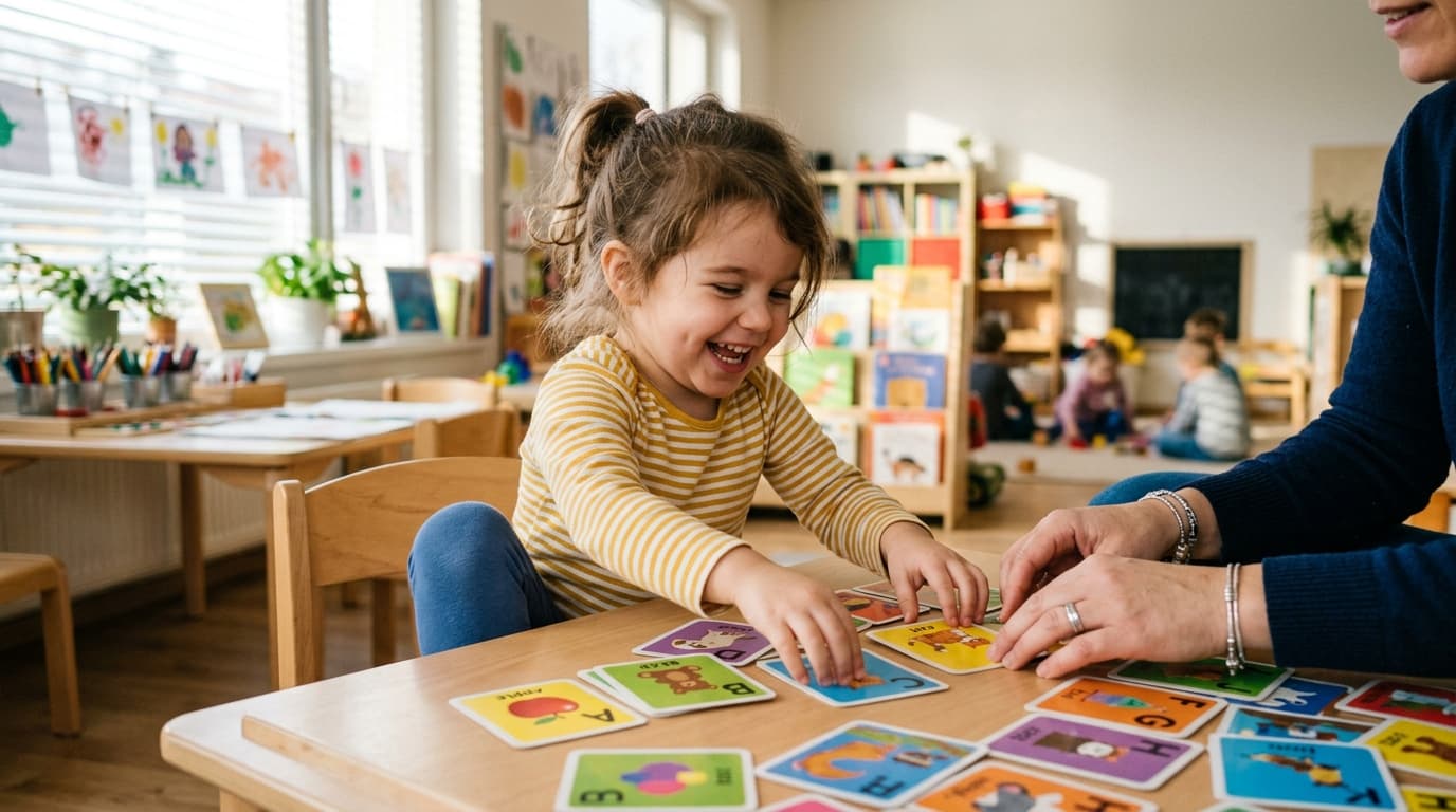 Ein lachendes Kind im Kindergarten, das spielerisch mit bunten Buchstabenkarten Englisch lernt und dabei von einer pädagogischen Fachkraft begleitet wird.