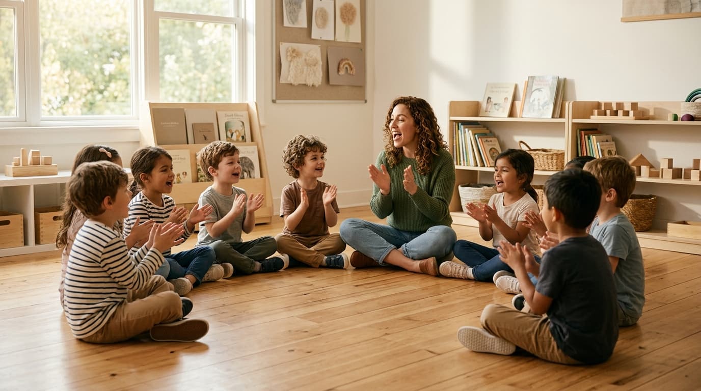Fröhliche Kinder im Alter von 4 bis 7 Jahren spielen und singen gemeinsam im Kreis mit einer englischsprachigen Betreuerin in einem hellen Gruppenraum.
