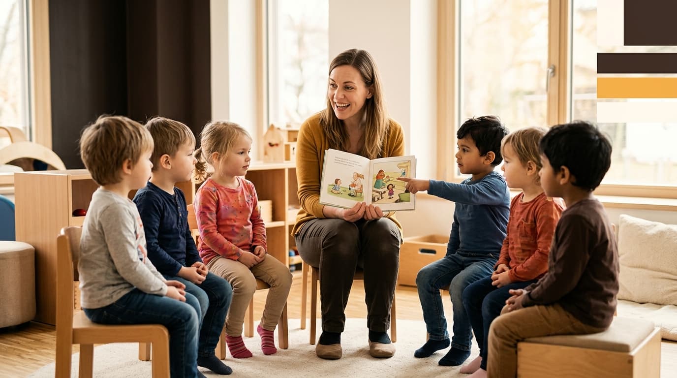 Englischsprachige Kursleiterin liest einer kleinen Gruppe von Kita-Kindern im Stuhlkreis ein englisches Bilderbuch vor