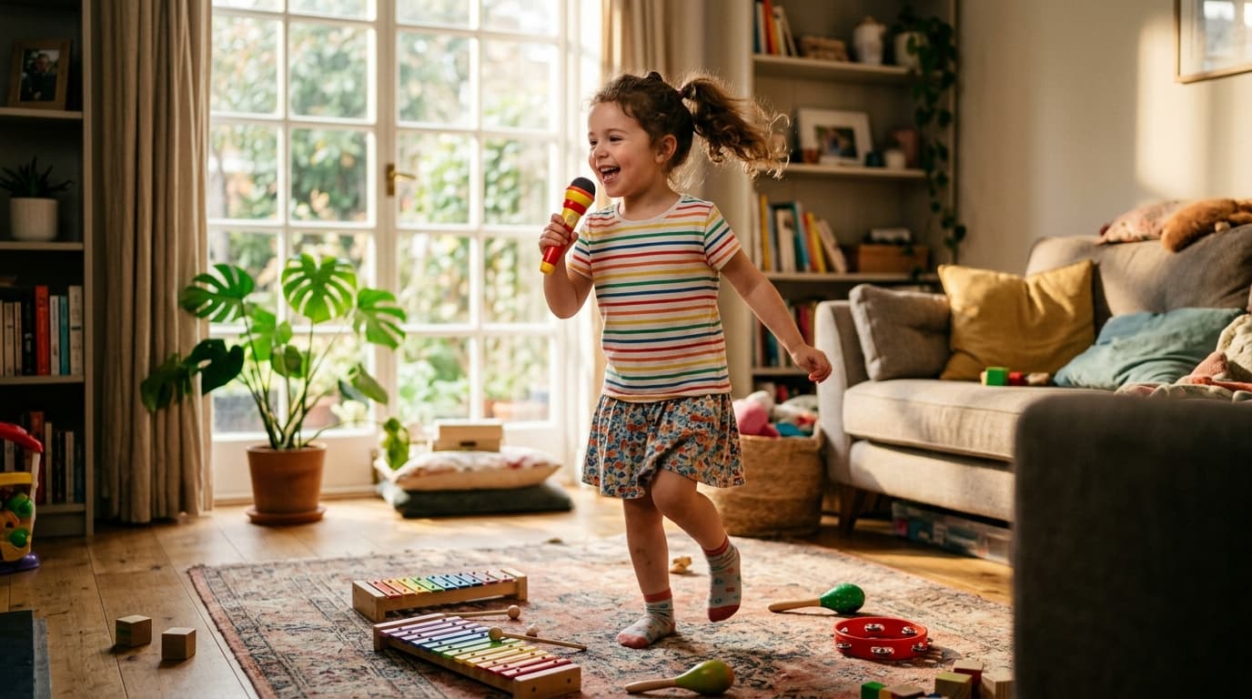 Ein fröhliches Kind singt und tanzt in einem gemütlichen Wohnzimmer, umgeben von bunten Spielzeug-Musikinstrumenten.