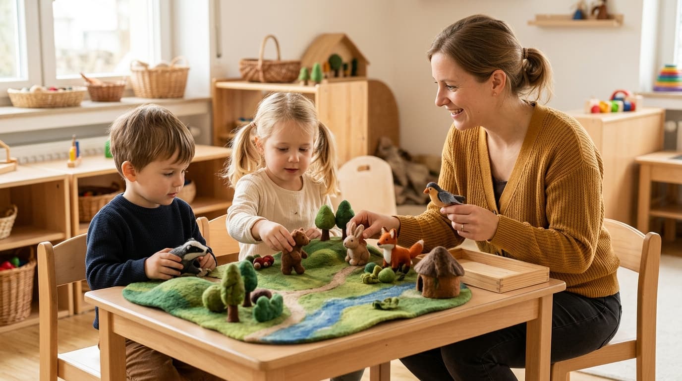 Erzieherin und zwei Kita-Kinder sitzen an einem Tisch und bewegen kleine Filzfiguren über ein Naturbild aus Filz, ein Erzähltisch mit Figuren, Wald und Wiese