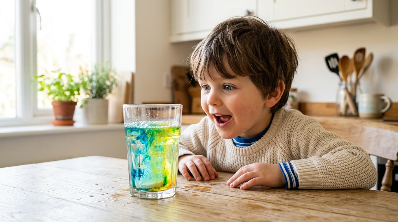 Ein neugieriges Kindergartenkind schaut fasziniert auf ein buntes Glas mit sprudelndem Wasser und Lebensmittelfarbe bei einem einfachen Experiment zu Hause.