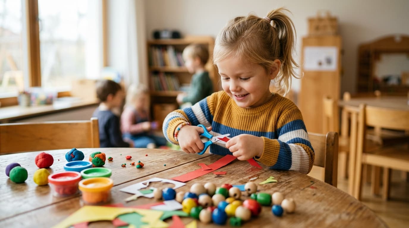 Ein glückliches Kita-Kind am Holztisch, das konzentriert mit einer Kinderschere bunte Papierschnipsel für ein Bastelprojekt schneidet, umgeben von bunter Knete und Holzperlen.