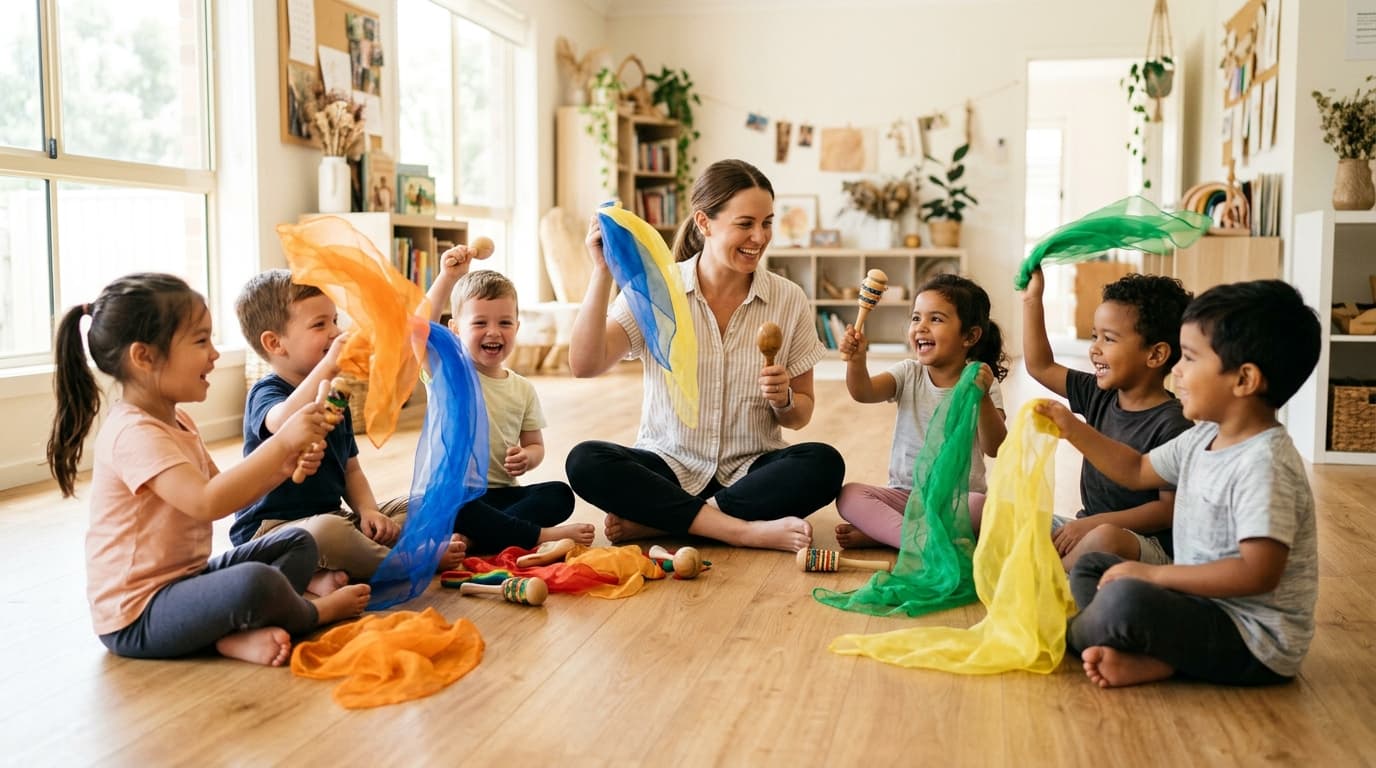 Ein Kreis von fröhlichen Vorschulkindern, die gemeinsam mit einer Betreuerin in einem hellen Raum spielerisch mit bunten Tüchern und Instrumenten interagieren.