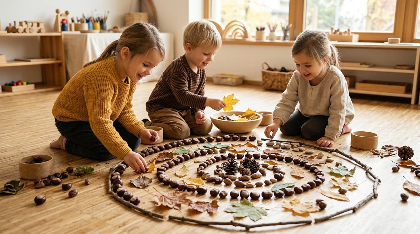Kita-Kinder legen ein Muster aus Naturmaterial wie Blättern und Kastanien auf dem Boden