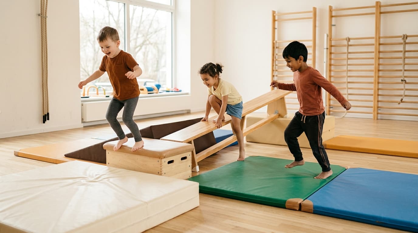 Kita-Kinder klettern und springen auf einer Bewegungslandschaft aus Matten, Turnbank und Weichbodenkasten in einer hellen Turnhalle