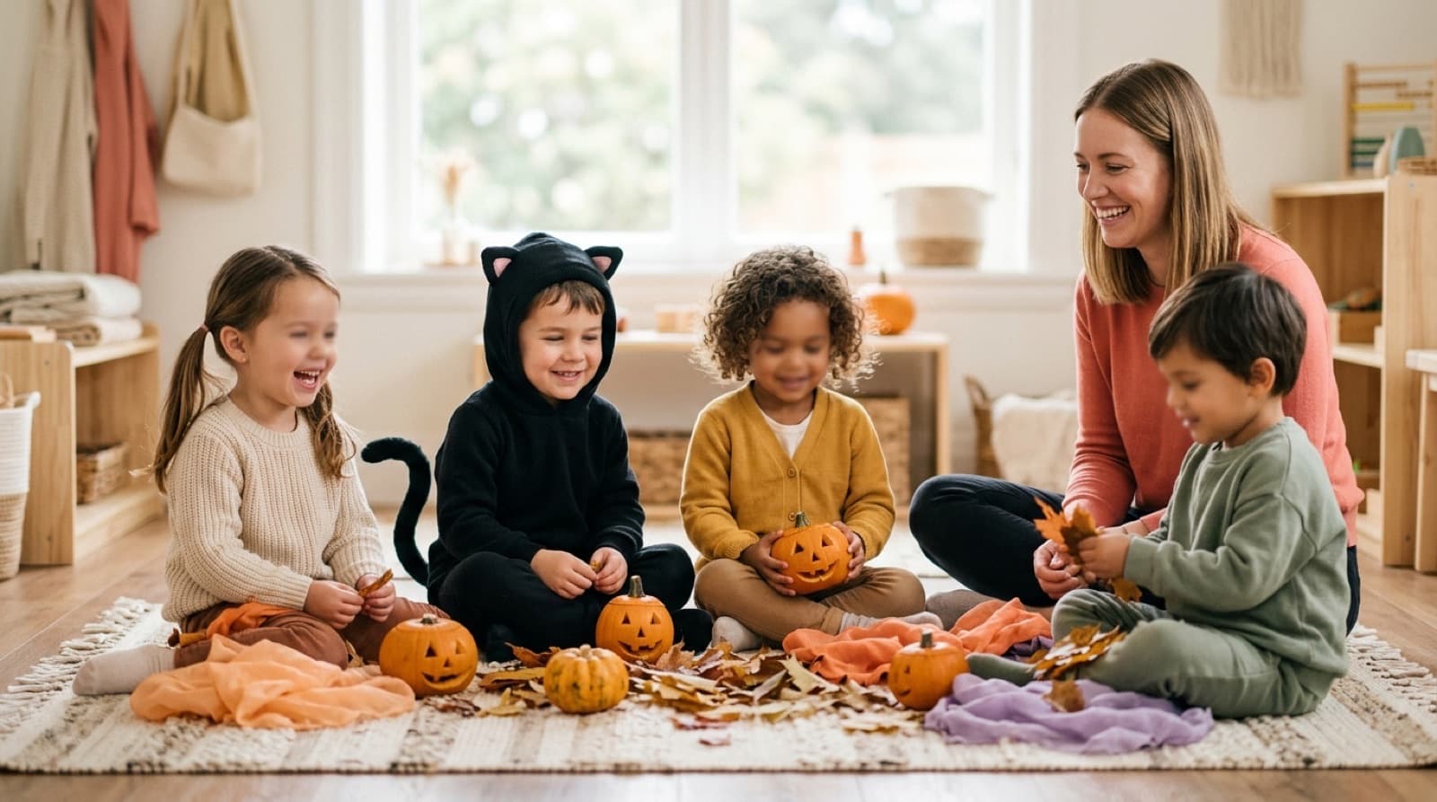 Vier Kita-Kinder sitzen mit einer lachenden Erzieherin auf einem Teppich zwischen kleinen Kürbislaternen, Herbstlaub und bunten Tüchern, ein Junge trägt ein Katzenkostüm