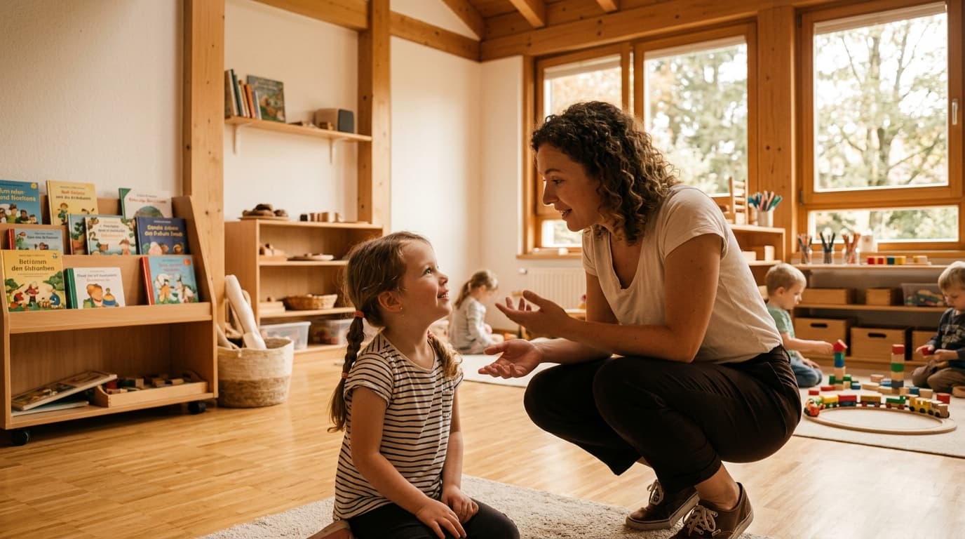 Aufgeschlossenes Kita-Kind im Gespräch mit einer englischsprachigen Muttersprachlerin, warmes natürliches Licht, keine Bildschirme, klare deutsch-europäische Kita-Ästhetik