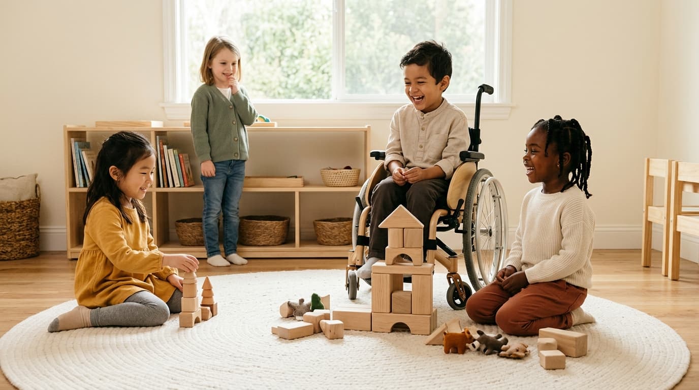 Glückliche Kinder unterschiedlicher Herkunft und Fähigkeiten spielen gemeinsam in einer geschützten, reizarmen Lernumgebung im Kindergarten.