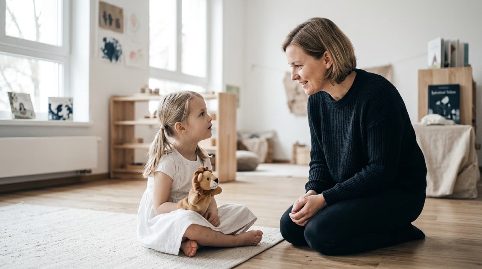 Eine Kursleiterin kniet auf Augenhöhe neben einem stillen Mädchen im Gruppenraum, das mit einer Handpuppe im Schoß aufmerksam zuhört