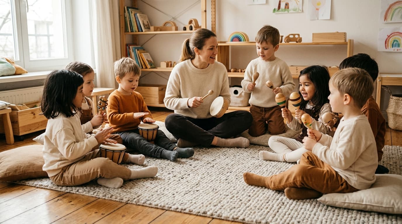 Kita-Kinder im Sitzkreis erzählen eine Regen-Klanggeschichte mit Handtrommeln und Rasseln, eine Erzieherin leitet an