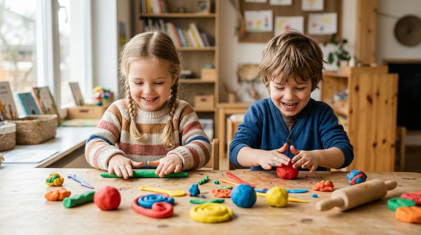 Zwei Kita-Kinder kneten fröhlich am Tisch mit bunter Knete, ihre Hände formen Kugeln und Schlangen aus verschiedenen Farben