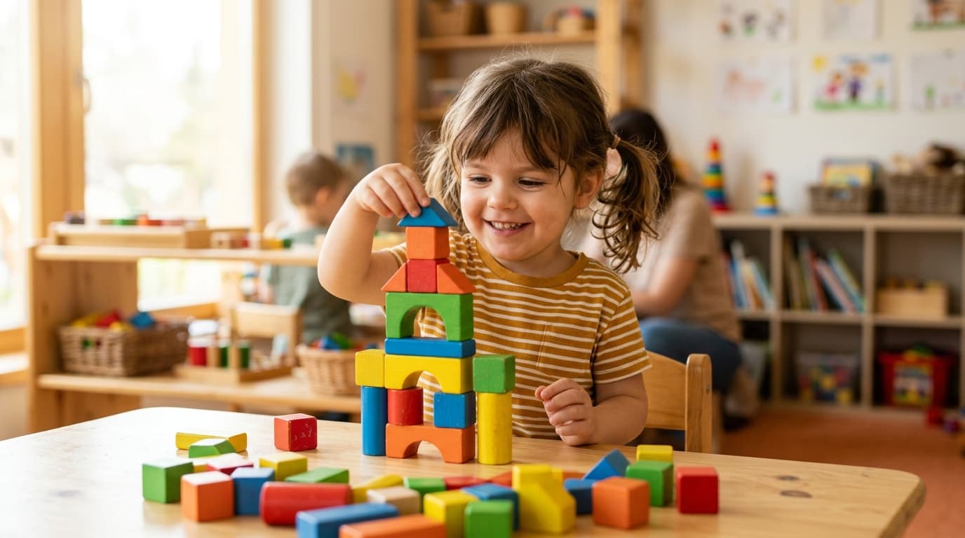 Ein glückliches Kind im Kindergartenalter, das sich konzentriert und lächelnd mit bunten Holzklötzen an einem hellen Holztisch beschäftigt.