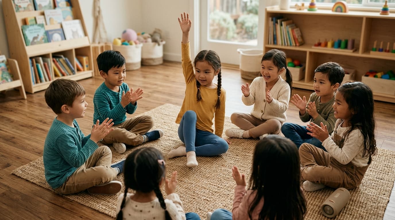 Kita-Kinder sitzen im Kreis und klatschen und stampfen im Takt zur Musik, ein Kind hebt den linken Arm und zieht das rechte Bein an