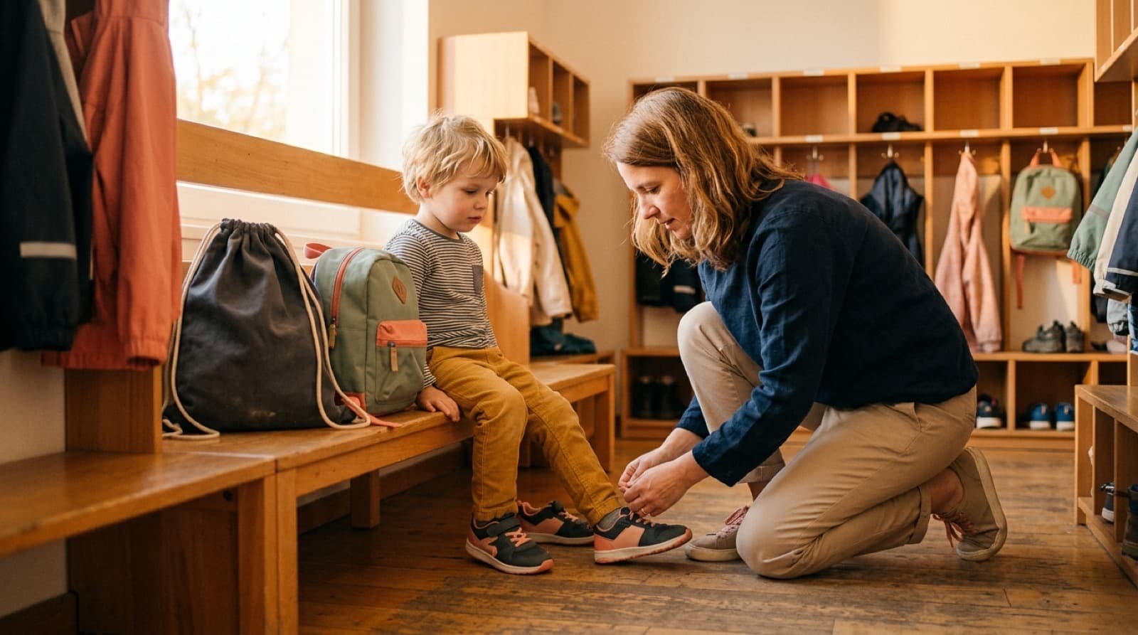 Eine Mutter kniet in der Garderobe der Kita und bindet ihrem Sohn die Schuhe, neben ihm auf der Bank liegen ein Turnbeutel und ein kleiner Rucksack