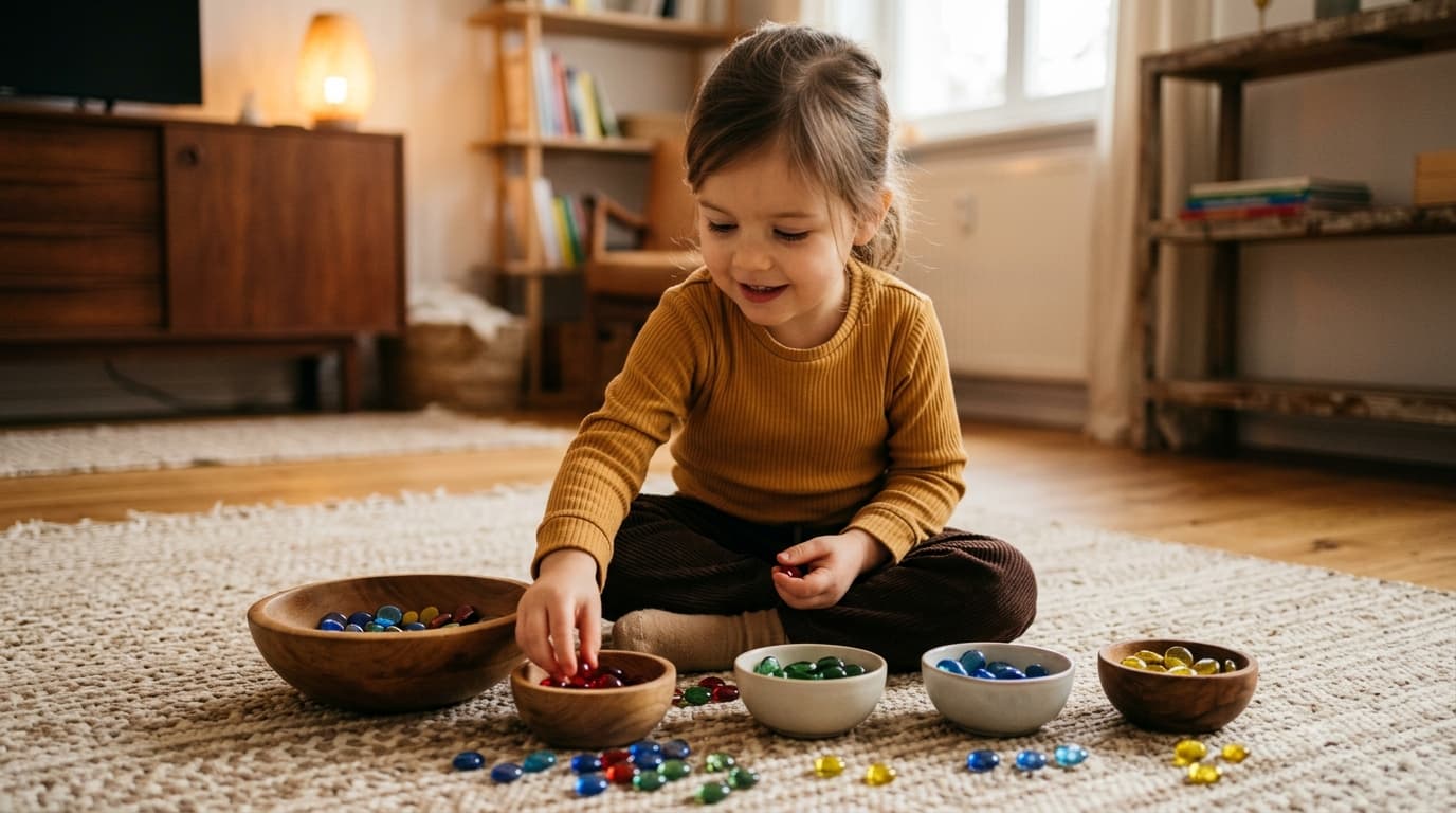 Ein Kind sitzt auf dem Teppich und sortiert bunte Muggelsteine nach Farben in kleine Schälchen, warmes Wohnzimmerlicht