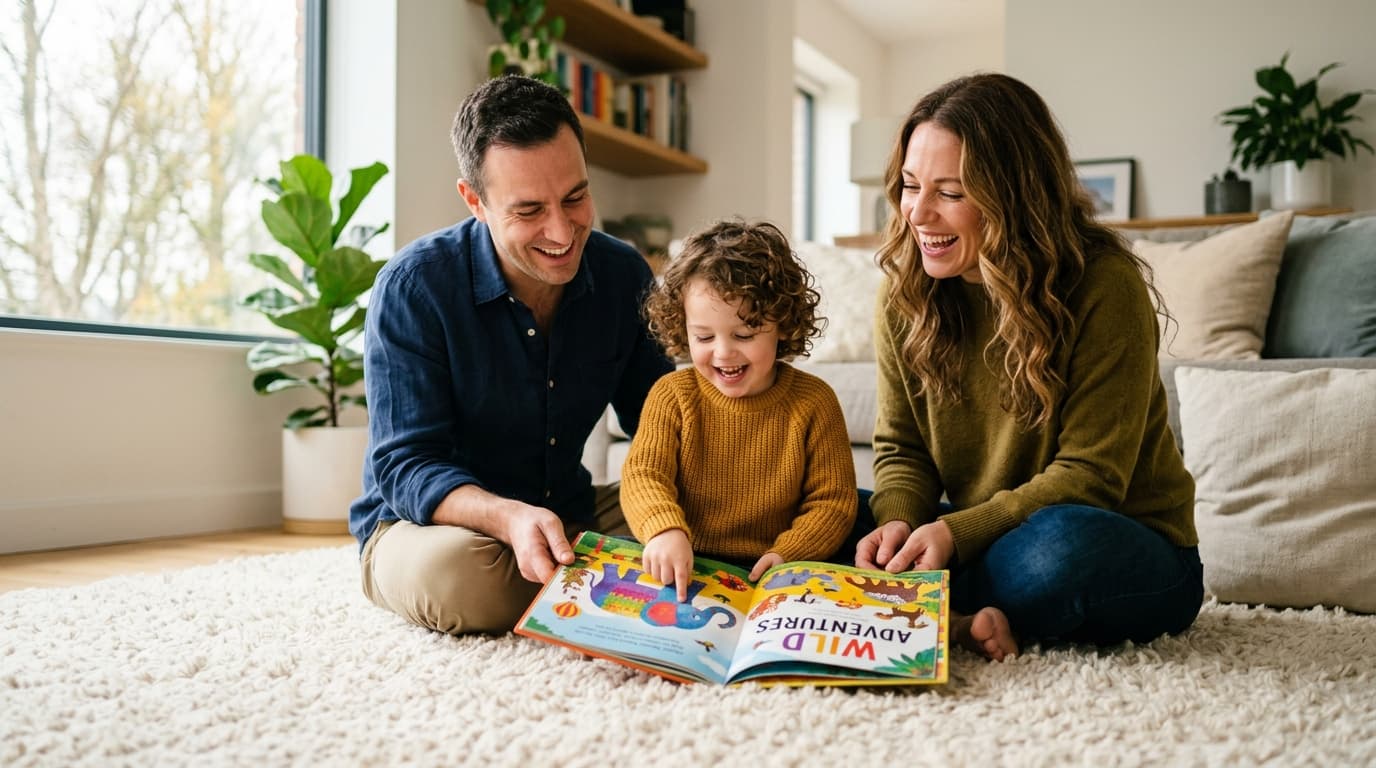 Ein glückliches Kind sitzt mit seinen Eltern auf dem Teppich und betrachtet ein buntes Bilderbuch, während sie spielerisch miteinander sprechen.