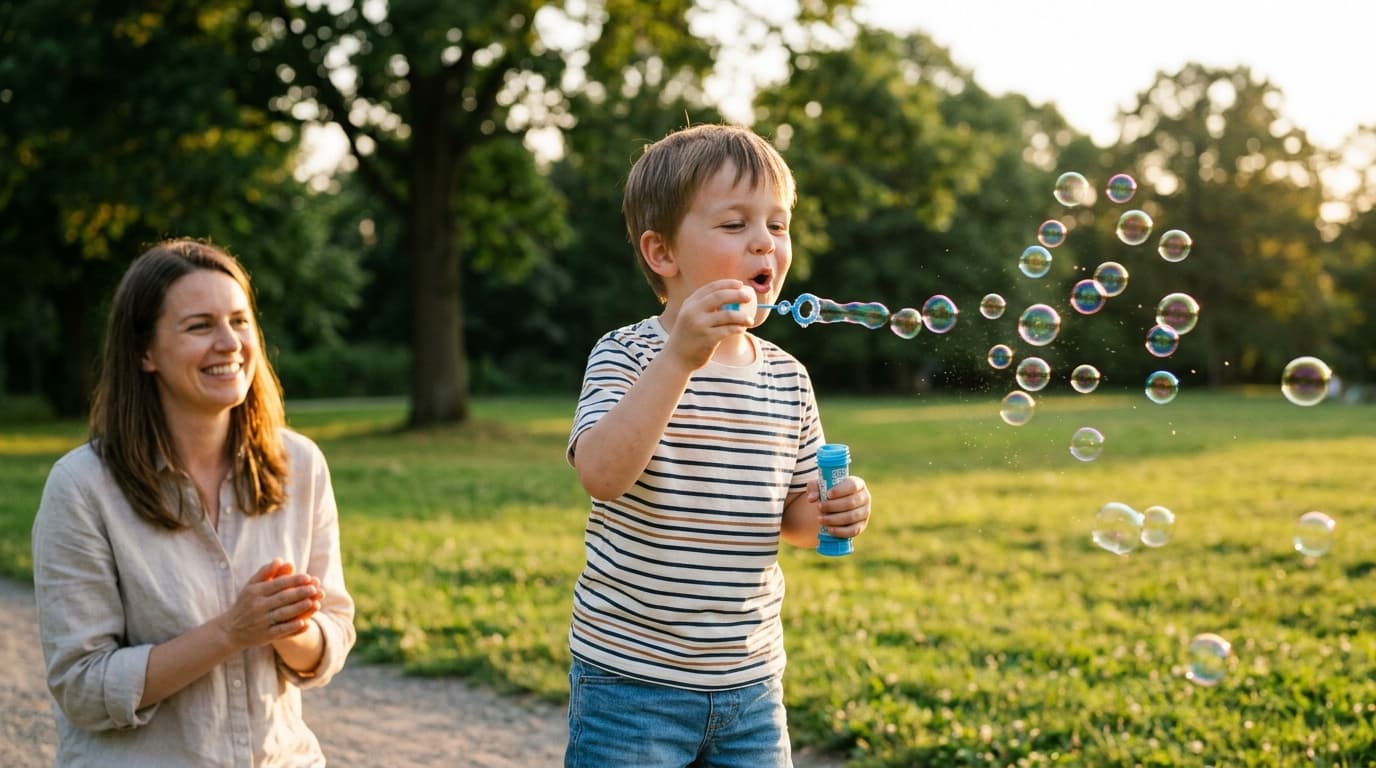 Ein fröhliches Kind pustet im Freien Seifenblasen, um spielerisch die Mundmotorik und die Lippenmuskulatur zu stärken, während eine Mutter lächelnd zuschaut.