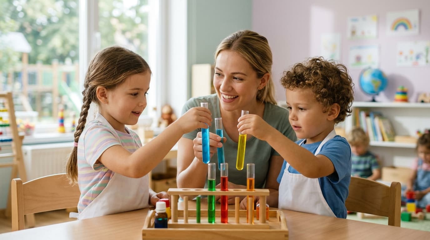 Ein kleines Mädchen und ein kleiner Junge untersuchen neugierig bunte Flüssigkeiten in Reagenzgläsern unter pädagogischer Anleitung in einer hellen Kita-Umgebung.