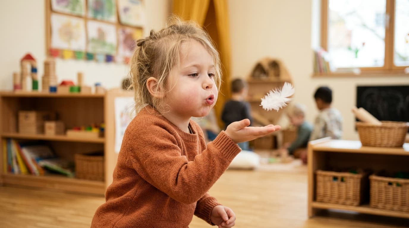 Kita-Kind pustet mit voller Backe eine leichte Feder von seiner Handfläche, Wangen deutlich aufgeblasen, konzentriertes fröhliches Gesicht, heller Kita-Raum im Hintergrund