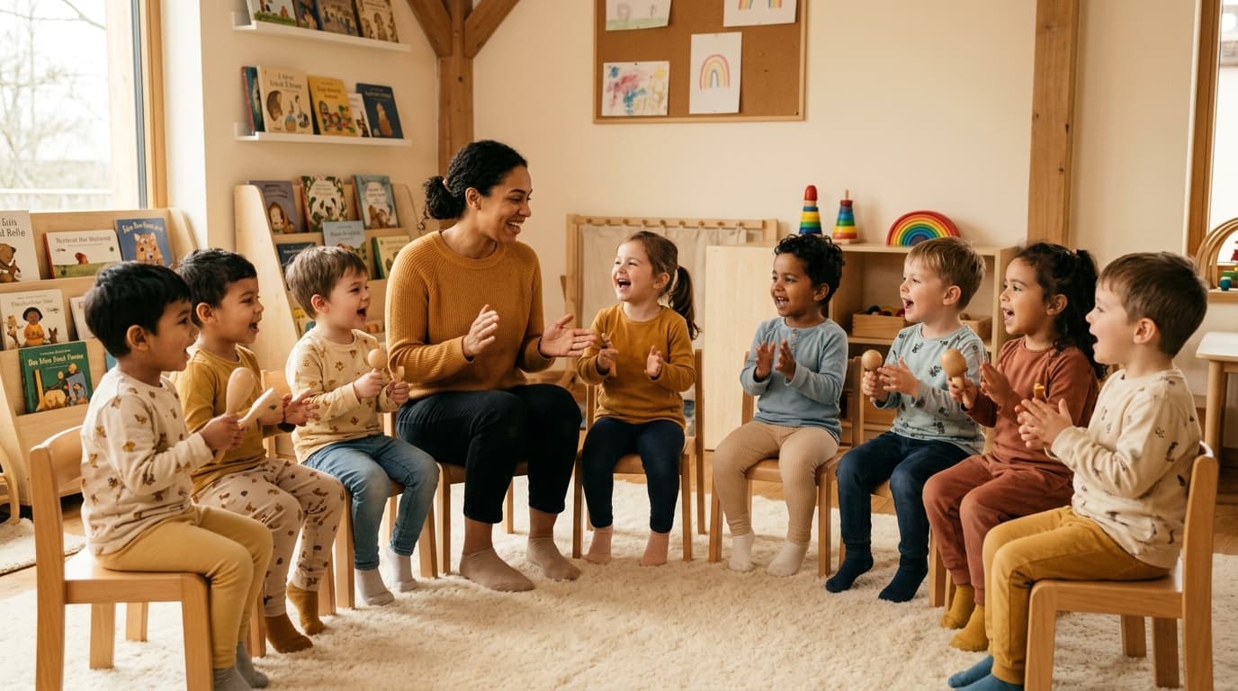 Kita-Kinder sitzen im Stuhlkreis und singen gemeinsam mit einer Kursleiterin, warme Farben, fröhliche Atmosphäre