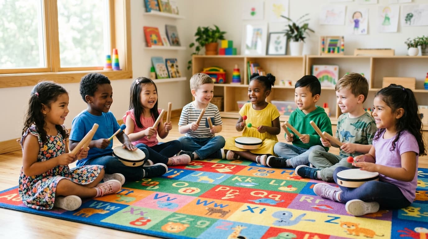 Eine fröhliche Gruppe von Kita-Kindern sitzt im Kreis und spielt auf bunten Orff-Instrumenten wie Klanghölzern und kleinen Trommeln.