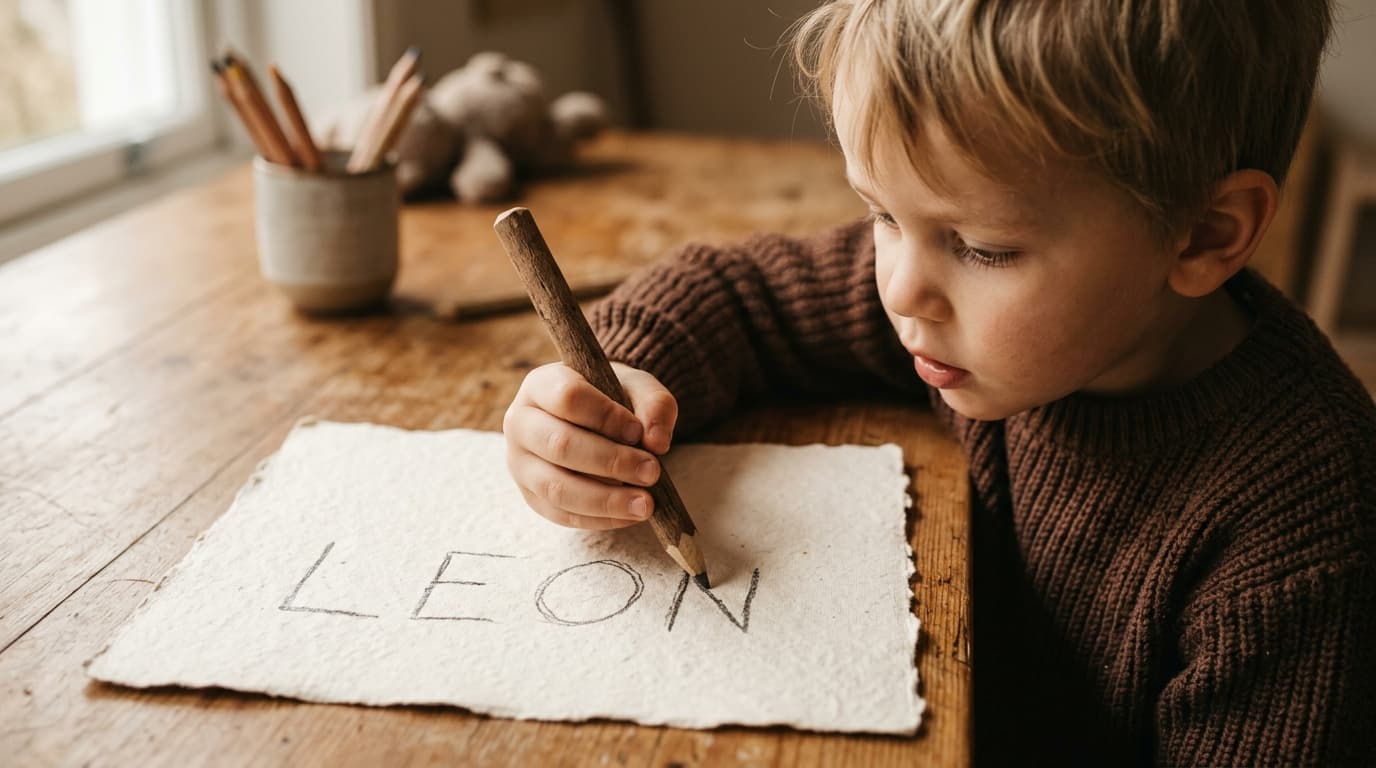 Vorschulkind schreibt konzentriert mit einem dicken Stift seinen eigenen Namen in Großbuchstaben auf rauhes Papier, warmer Holztisch im Hintergrund