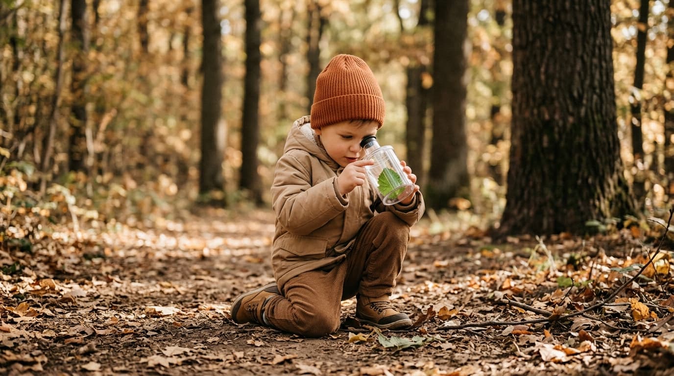 Ein Kita-Kind kniet auf einem Waldweg und untersucht mit einer transparenten Becherlupe ein grünes Blatt ganz genau, im Hintergrund Herbstlaub und Baumstämme