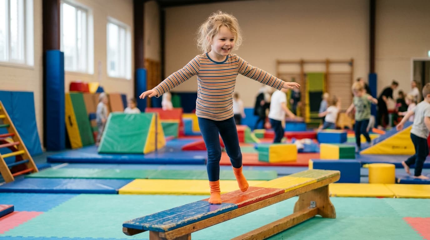 Ein fröhliches Kind balanciert konzentriert über eine bunte Bank in einer liebevoll gestalteten Turnhalle, im Hintergrund sind weiche Spielmatten zu sehen.