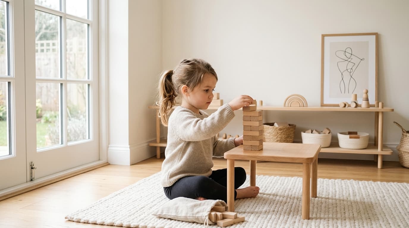 Ein konzentriertes Kind spielt ruhig mit Holzbausteinen in einem hellen, aufgeräumten und ablenkungsarmen Kinderzimmer.