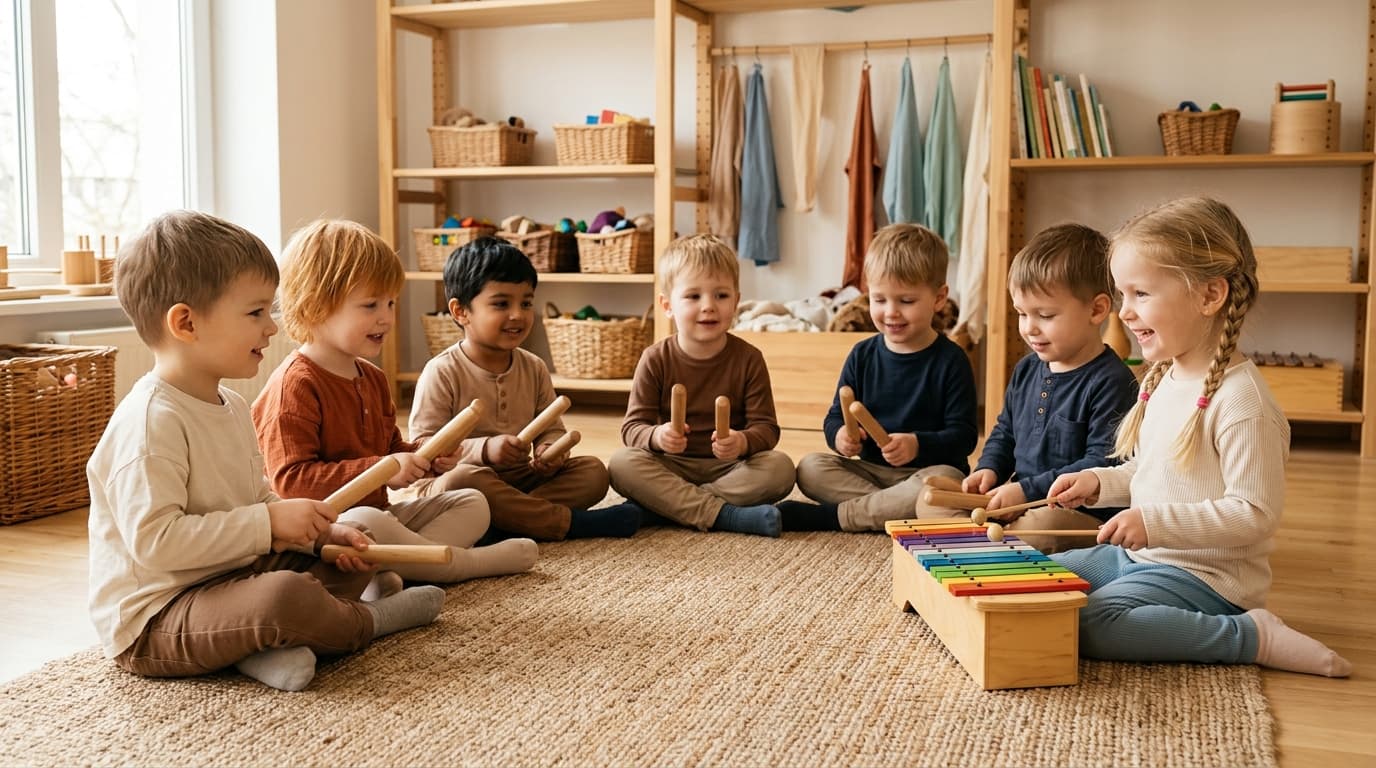 Kita-Kinder sitzen im Musikkreis und halten Klanghölzer und ein Xylophon in den Händen
