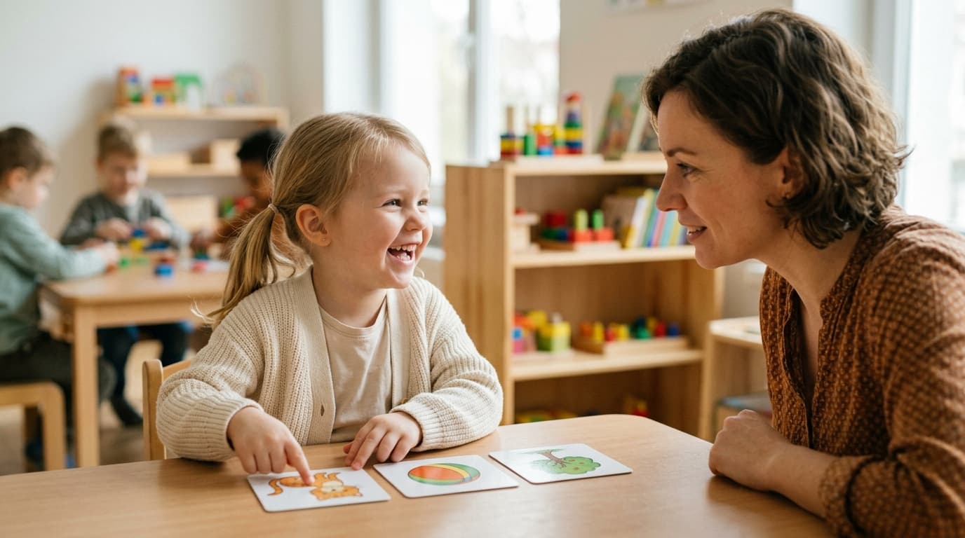Ein Kita-Kind legt drei Bildkarten in einer Reihe auf den Tisch und erzählt dazu lachend eine kurze Geschichte, während eine Erzieherin aufmerksam zuhört
