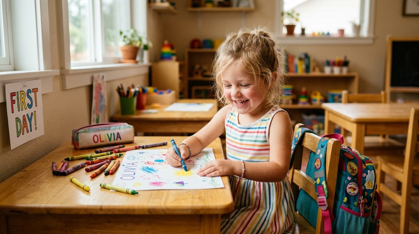 Ein glückliches Kind im Vorschulalter, das mit Buntstiften malt und sich spielerisch auf die Einschulung vorbereitet.