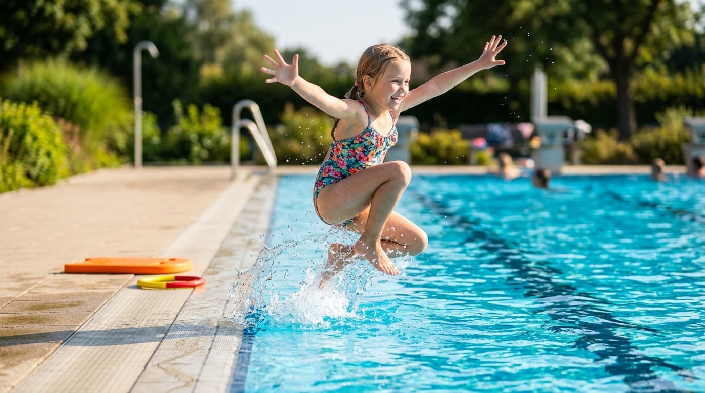 Ein fröhliches Kind springt mutig vom Beckenrand in ein hellblaues Schwimmbecken, im Hintergrund ein Schwimmbrett und ein kleiner Tauchring.